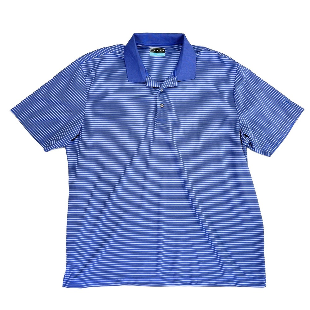PGA Tour Men's XXL Blue White Striped Golf Polo Shirt Short Sleeve Performance